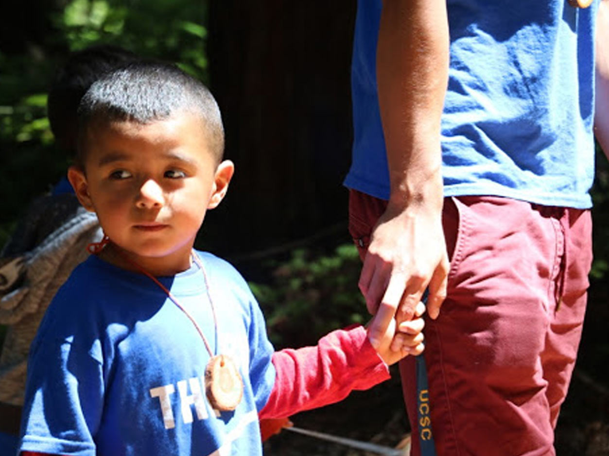 an image of a young boy in a blue shirt holding hands with an adult and walking together